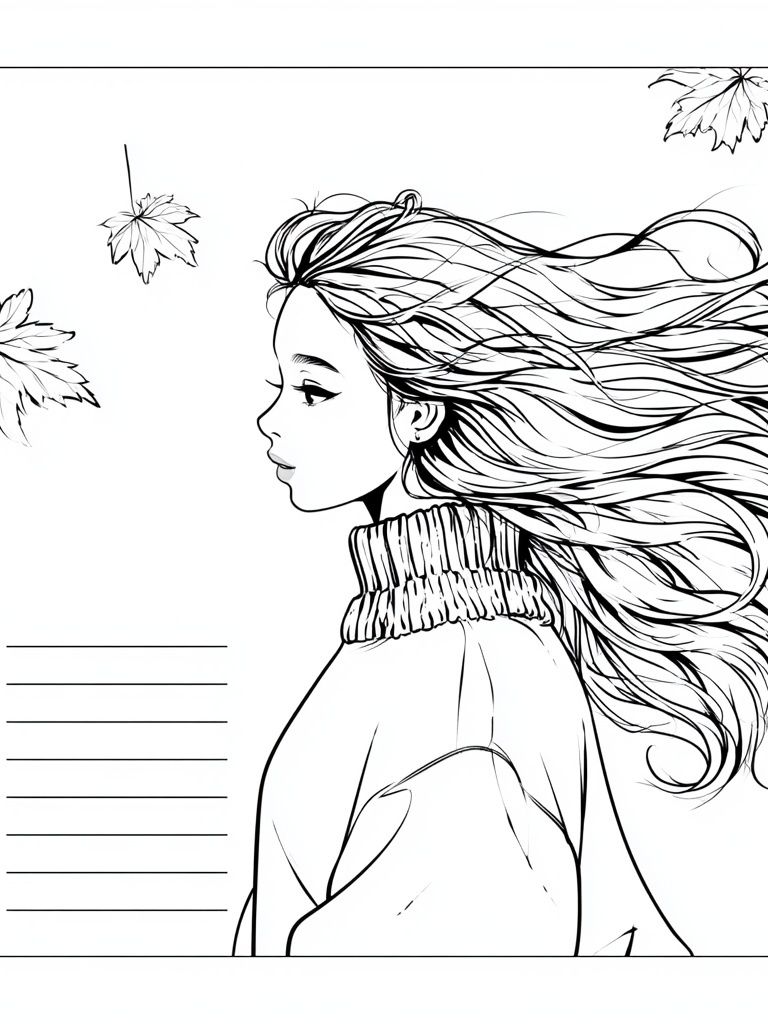 Windblown Girl Line Art Poster. poster detail
