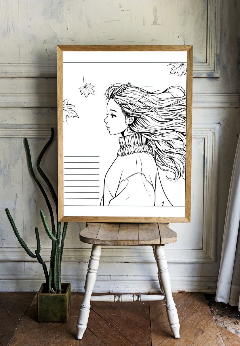 Windblown Girl Line Art Poster. — room view 1