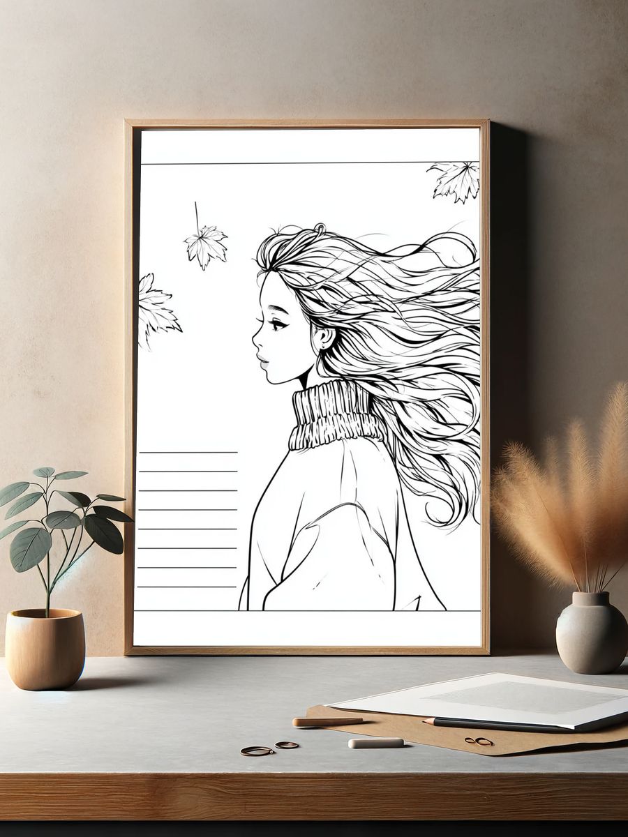 Windblown Girl Line Art Poster. — room view 2