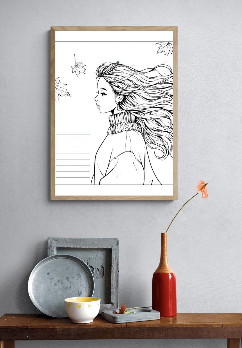 Windblown Girl Line Art Poster. — room view 3