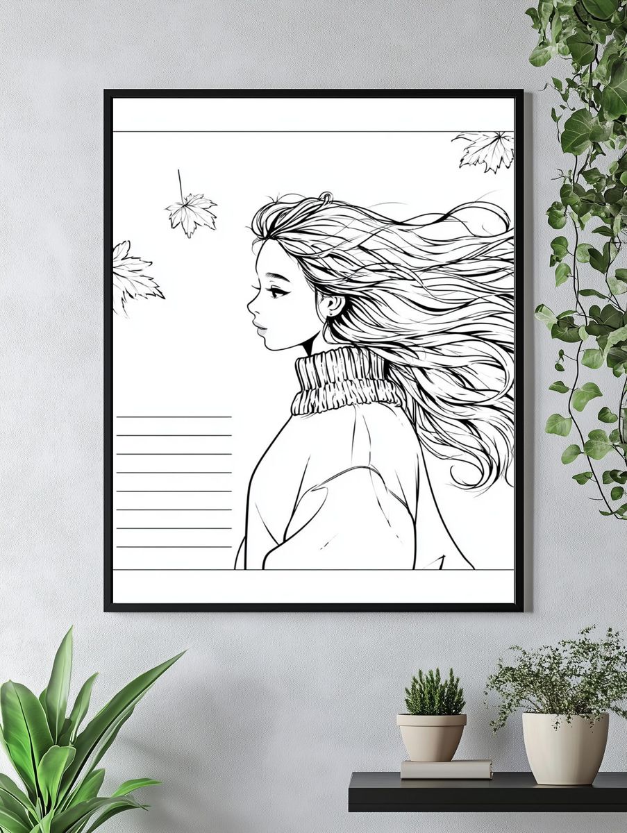 Windblown Girl Line Art Poster. — room view 4