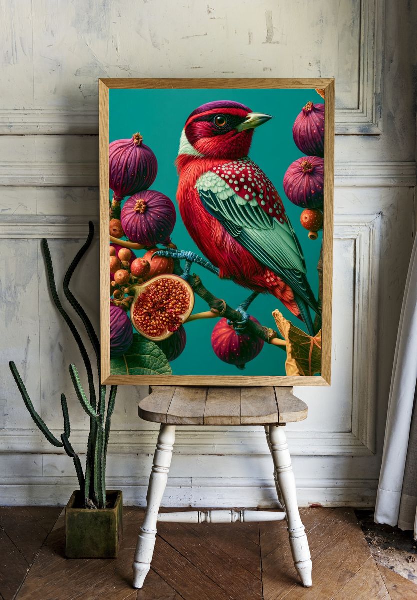 Tropical Bird and Fig Illustration Poster. — room view 1