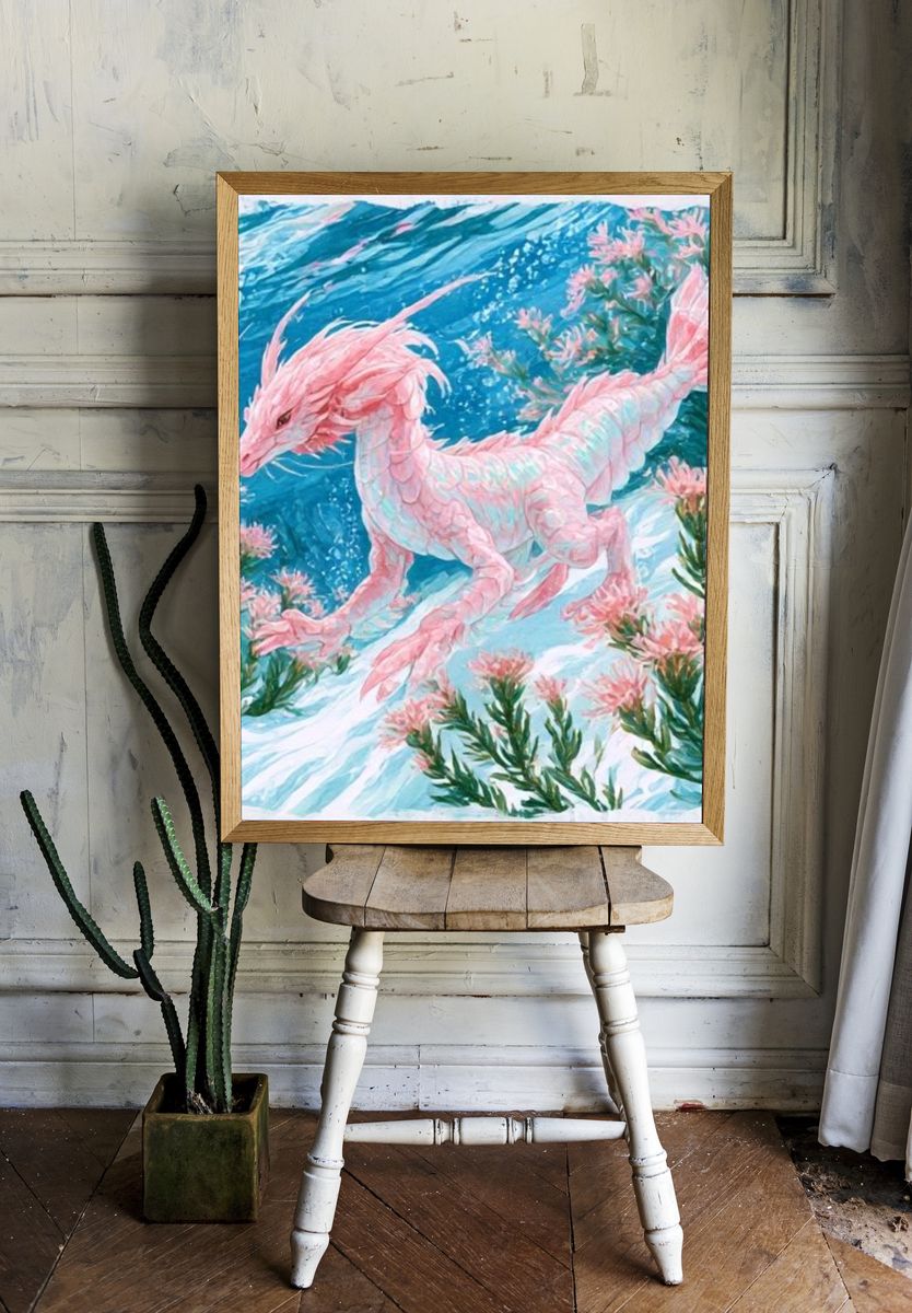Pink Sea Dragon Digital Art Poster. — room view 1