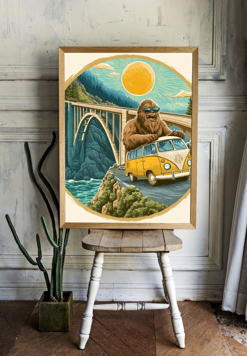 Bigfoot Road Trip Illustration Poster. room preview