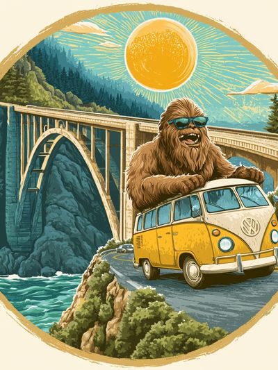 Bigfoot Road Trip Illustration Poster. poster print