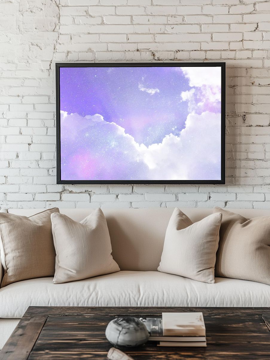Purple clouds background, astronomic design. room preview