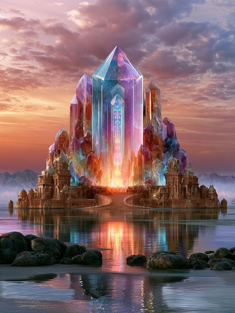 Crystal Temple Sunset Fantasy Print. poster — illustration art