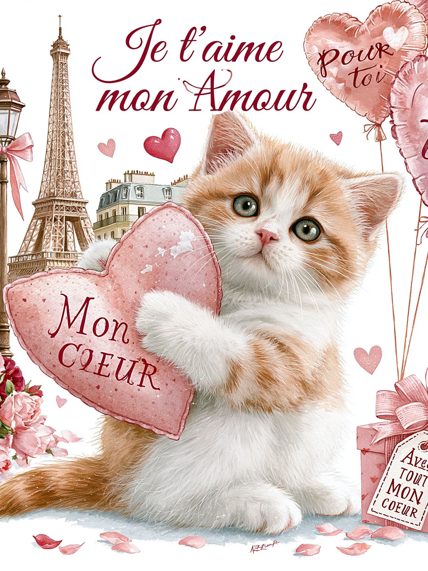 Paris Love Cat Illustration Poster. poster detail