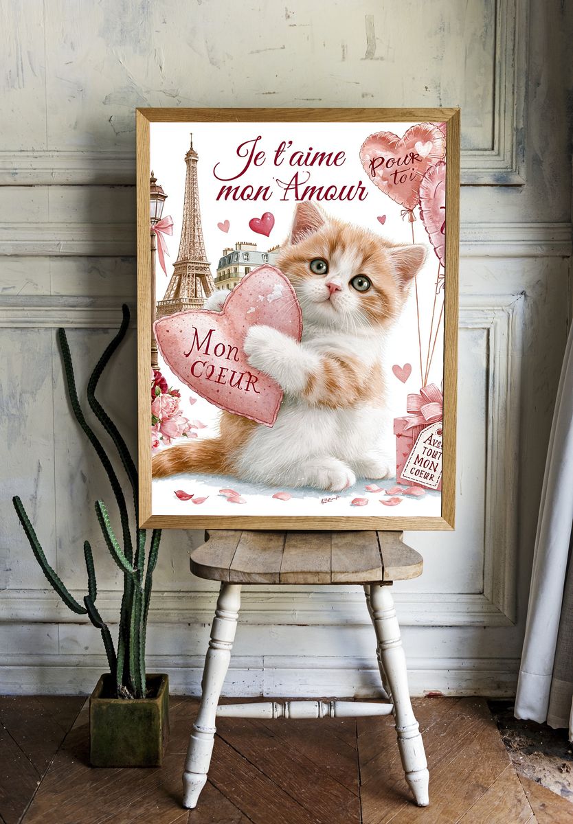 Paris Love Cat Illustration Poster. — room view 1