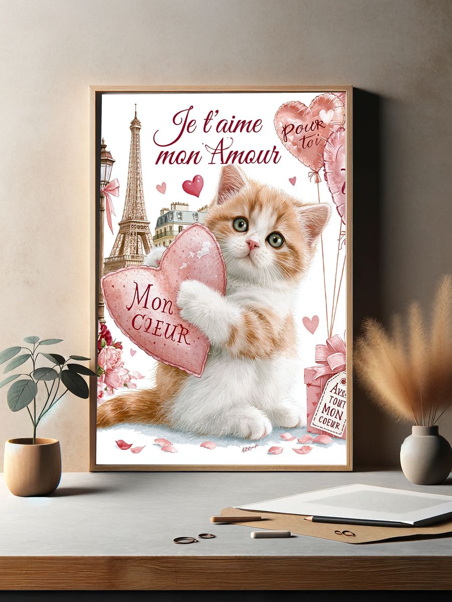 Paris Love Cat Illustration Poster. — room view 2