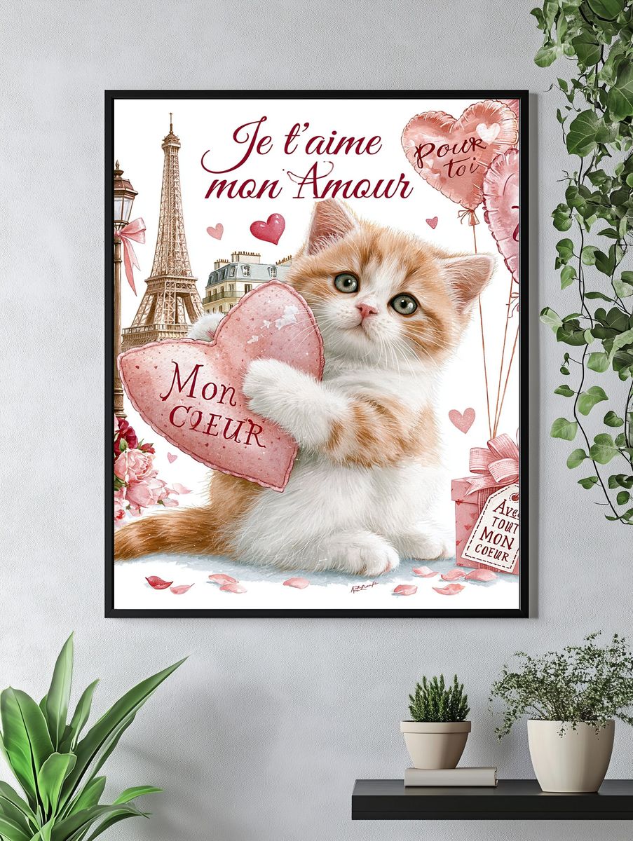 Paris Love Cat Illustration Poster. — room view 4