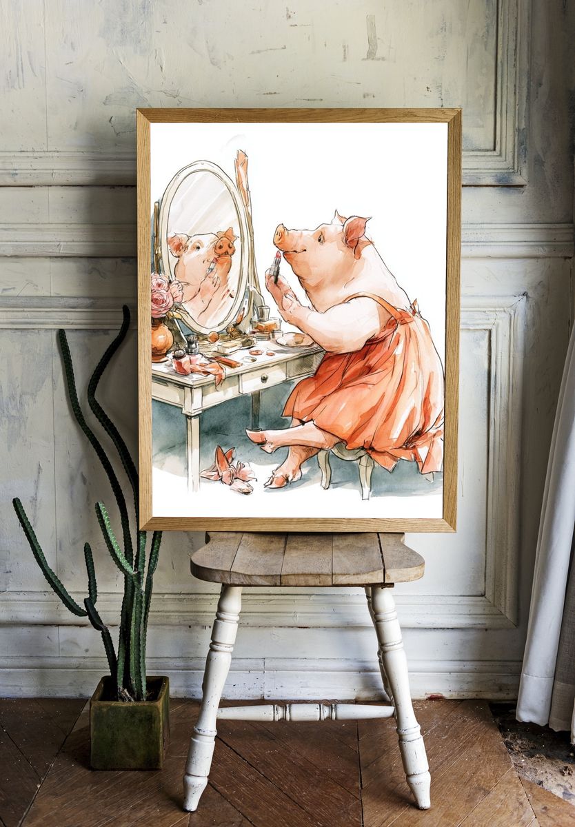 Pig Vanity Watercolor Print. room preview