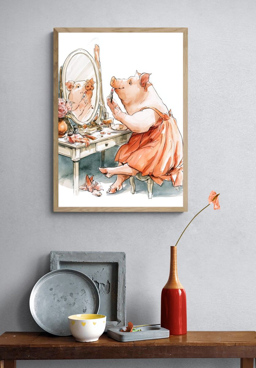 Pig Vanity Watercolor Print. — room view 3