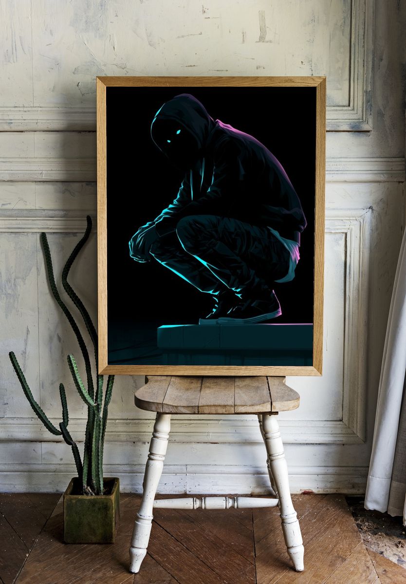 Neon Hooded Figure Illustration Poster. — room view 1