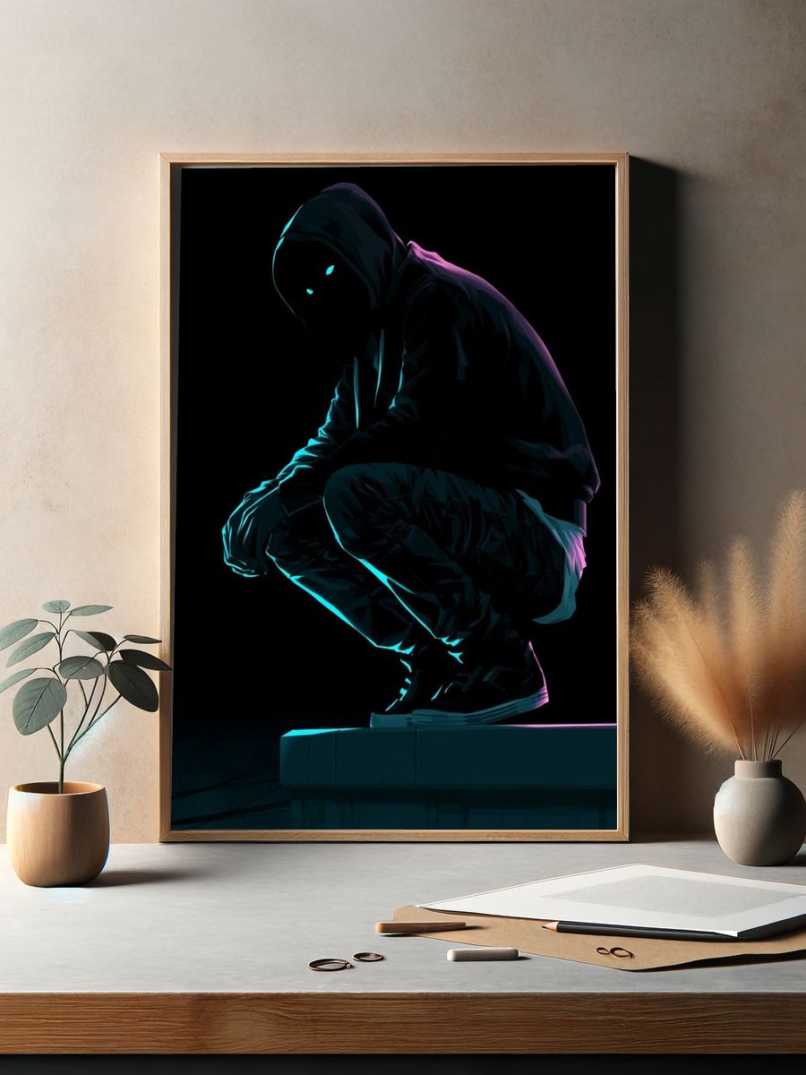 Neon Hooded Figure Illustration Poster. — room view 2