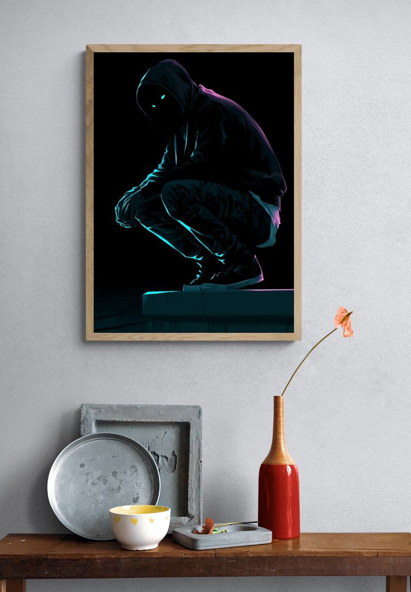Neon Hooded Figure Illustration Poster. — room view 3
