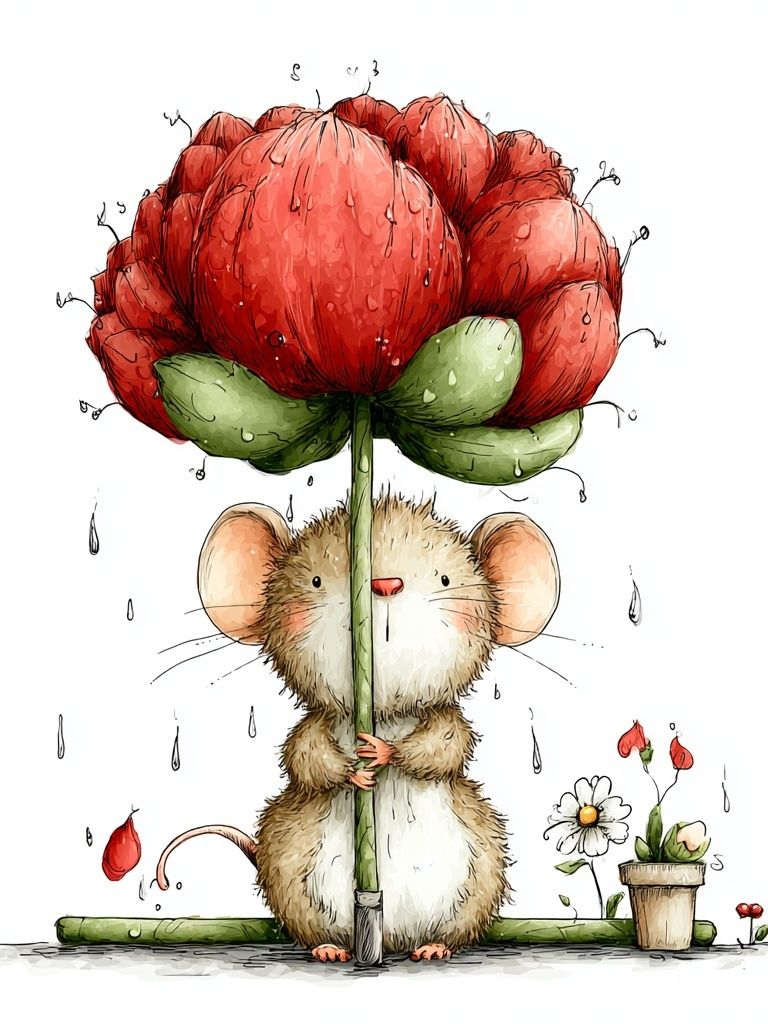 Mouse with Flower Illustration Poster. poster — illustration art