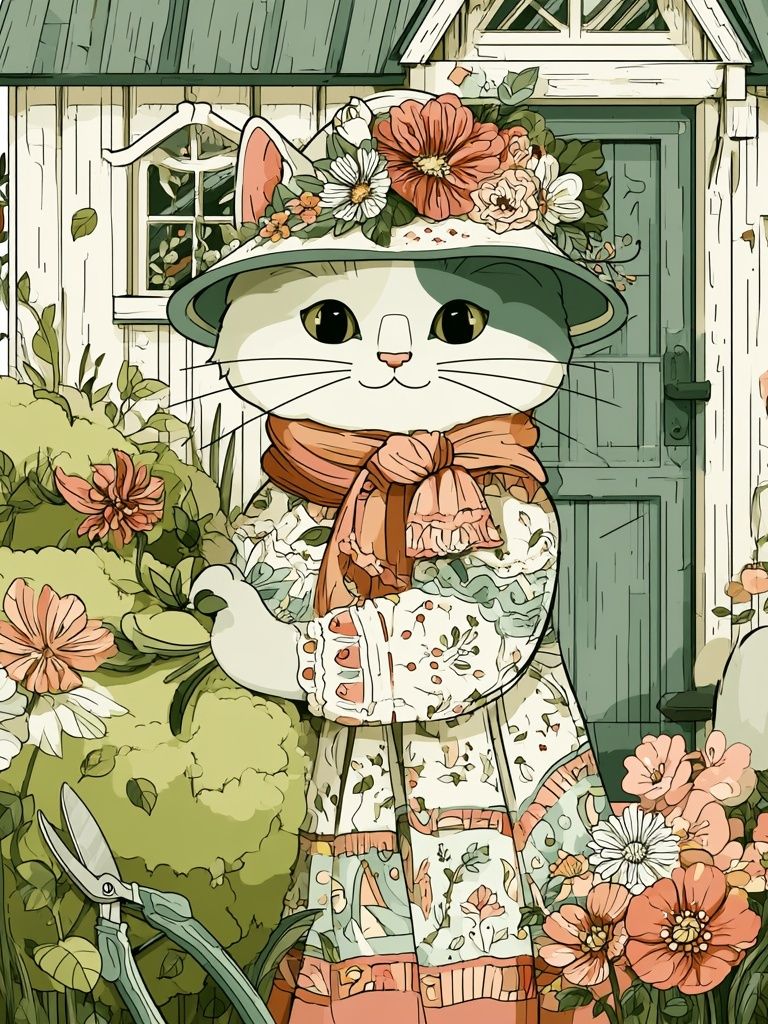 Floral Cat Garden Illustration Poster. poster detail