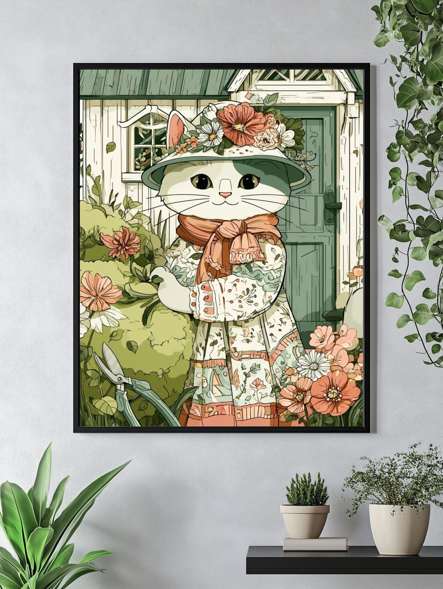 Floral Cat Garden Illustration Poster. — room view 4
