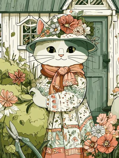 Floral Cat Garden Illustration Poster. poster