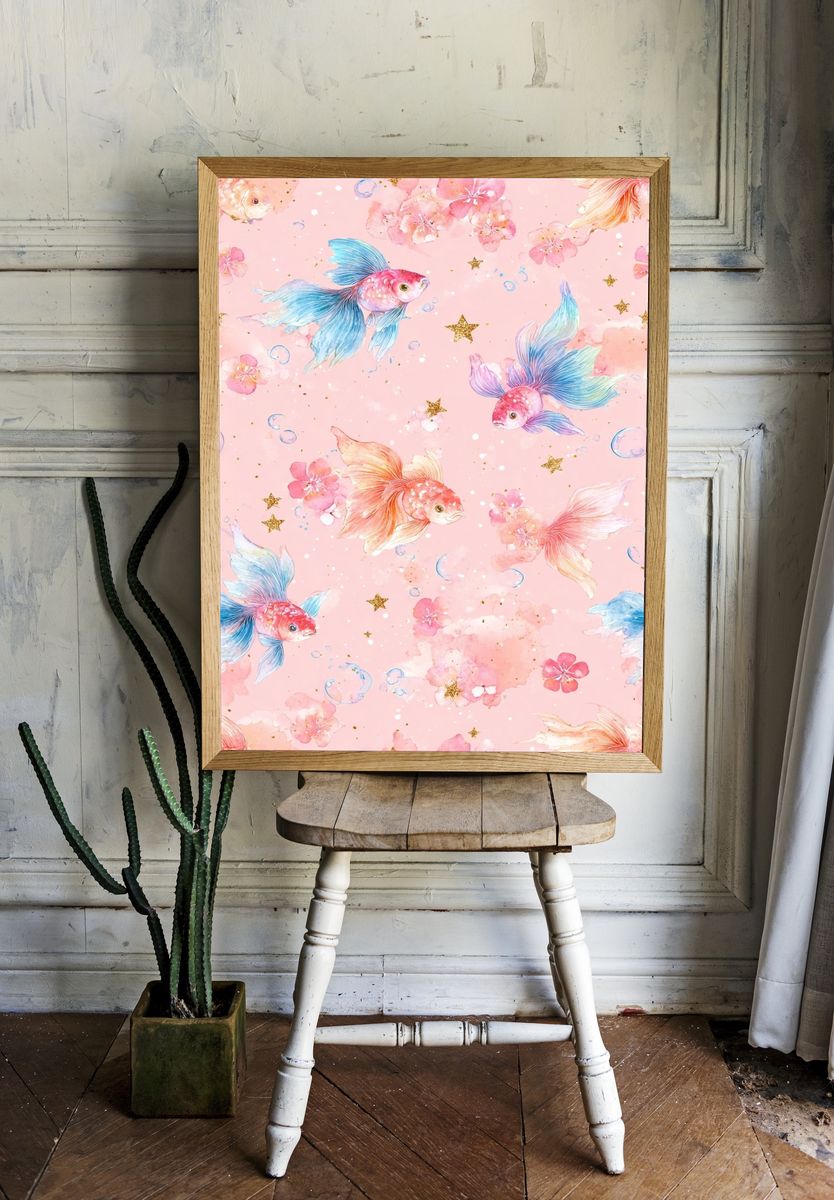 Pastel Goldfish Floral Print. — room view 1