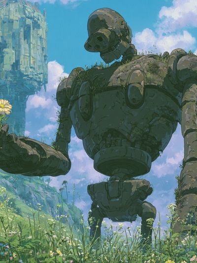 Giant Robot Meadow Illustration Poster.