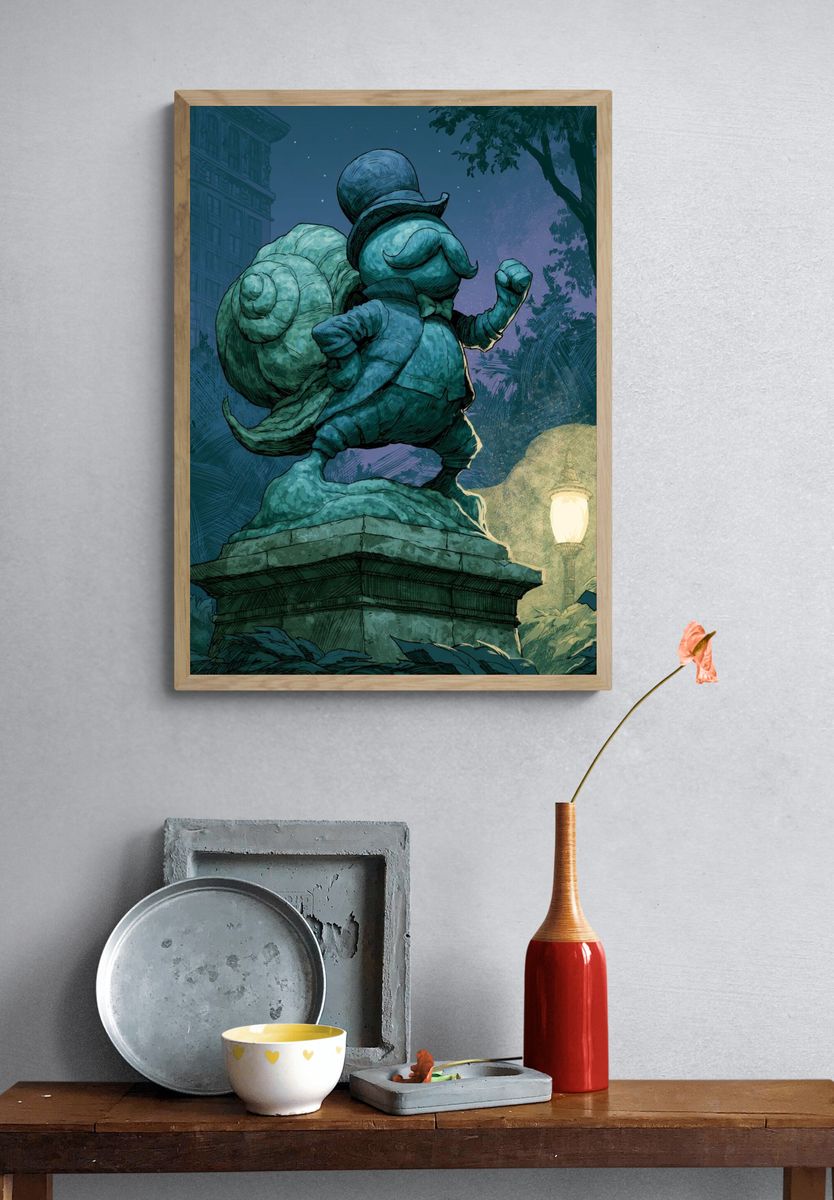 Snail Statue Nightscape Illustration Poster. — room view 3