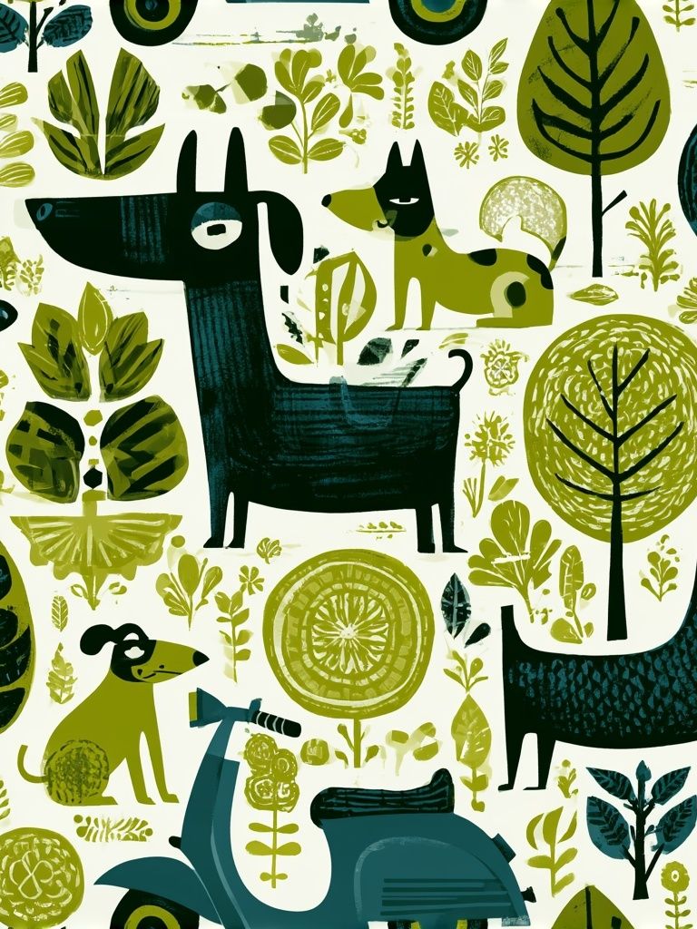 Forest Dogs and Leaves Illustration Poster. poster — illustration art