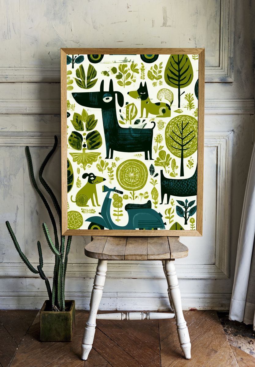 Forest Dogs and Leaves Illustration Poster. room preview