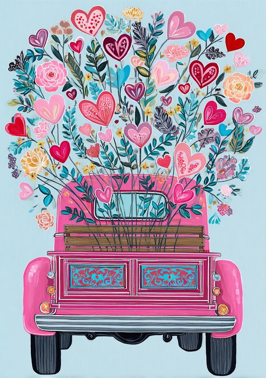 Pink Flower Truck Illustration Poster. poster — illustration art