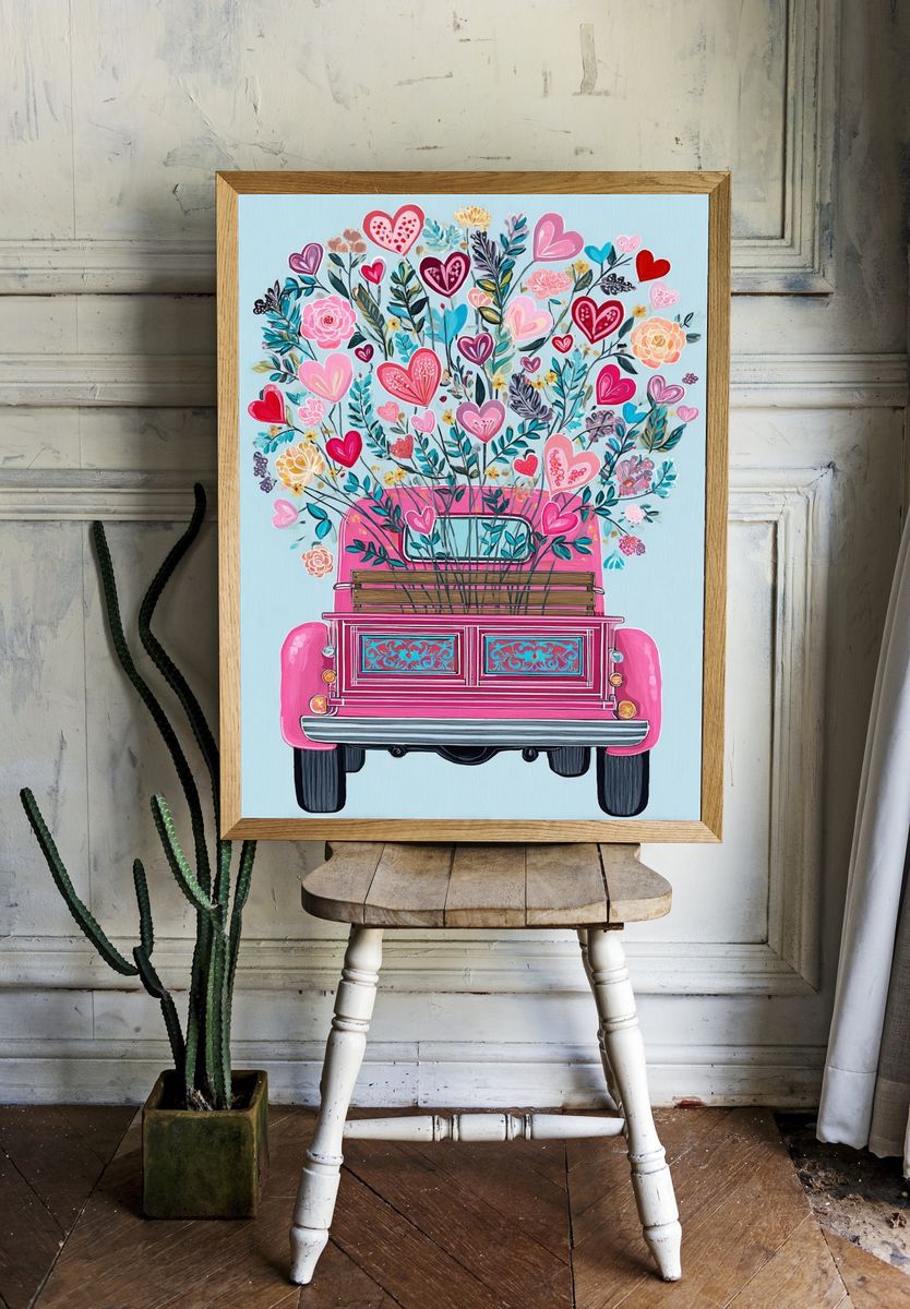 Pink Flower Truck Illustration Poster room preview