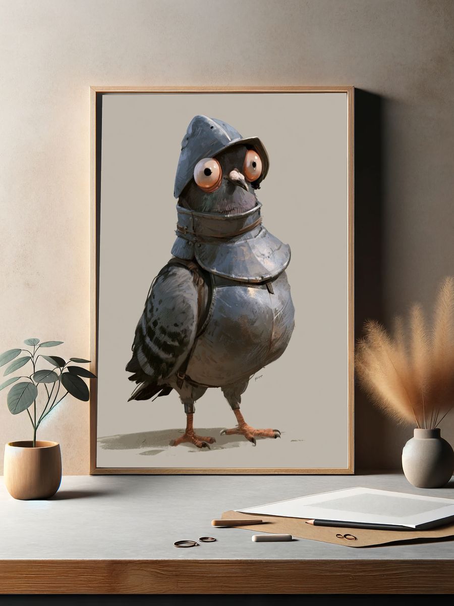 Armored Pigeon Illustration Poster. — room view 2