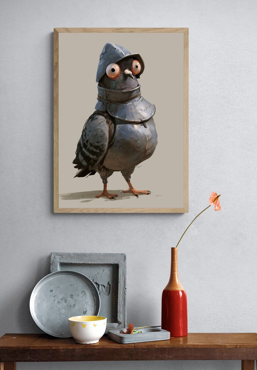 Armored Pigeon Illustration Poster. — room view 3
