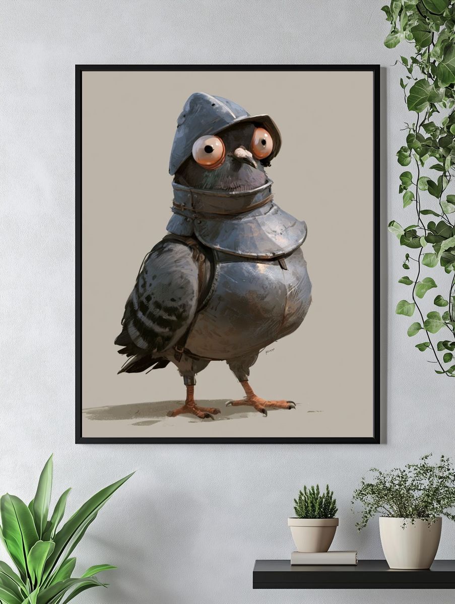 Armored Pigeon Illustration Poster. — room view 4