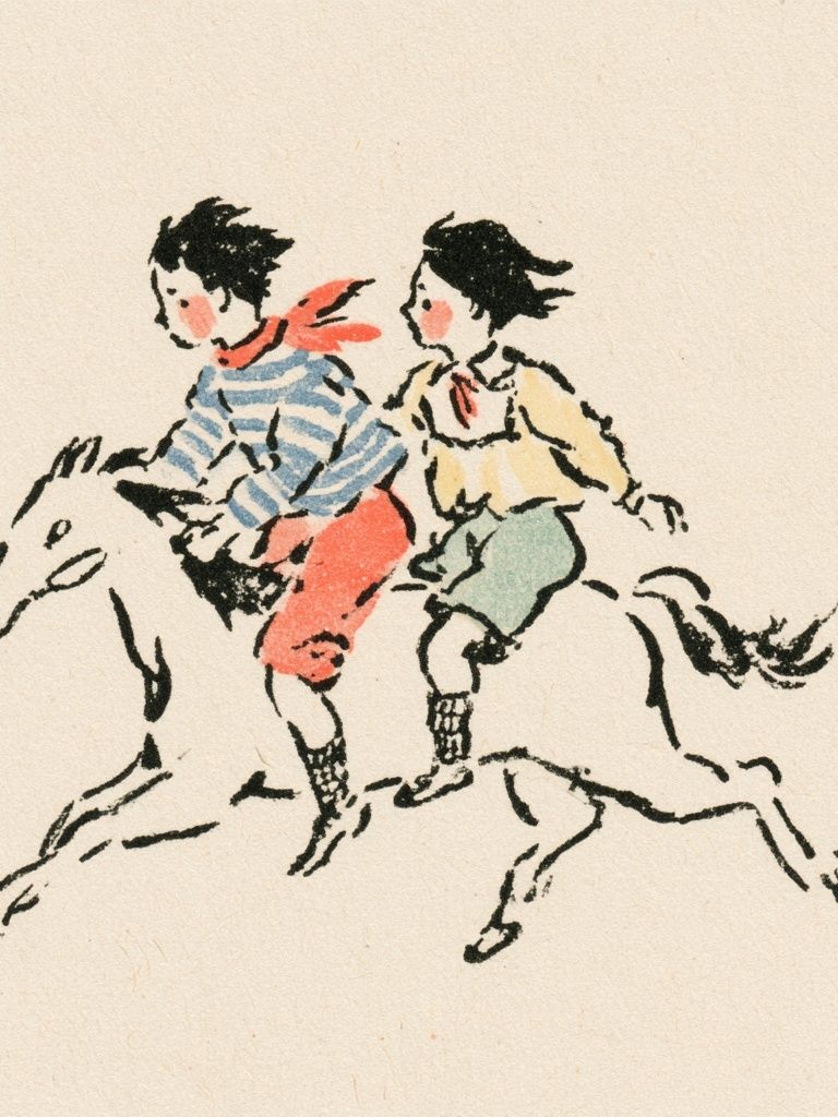 Children Riding Horse Illustration Poster. poster detail