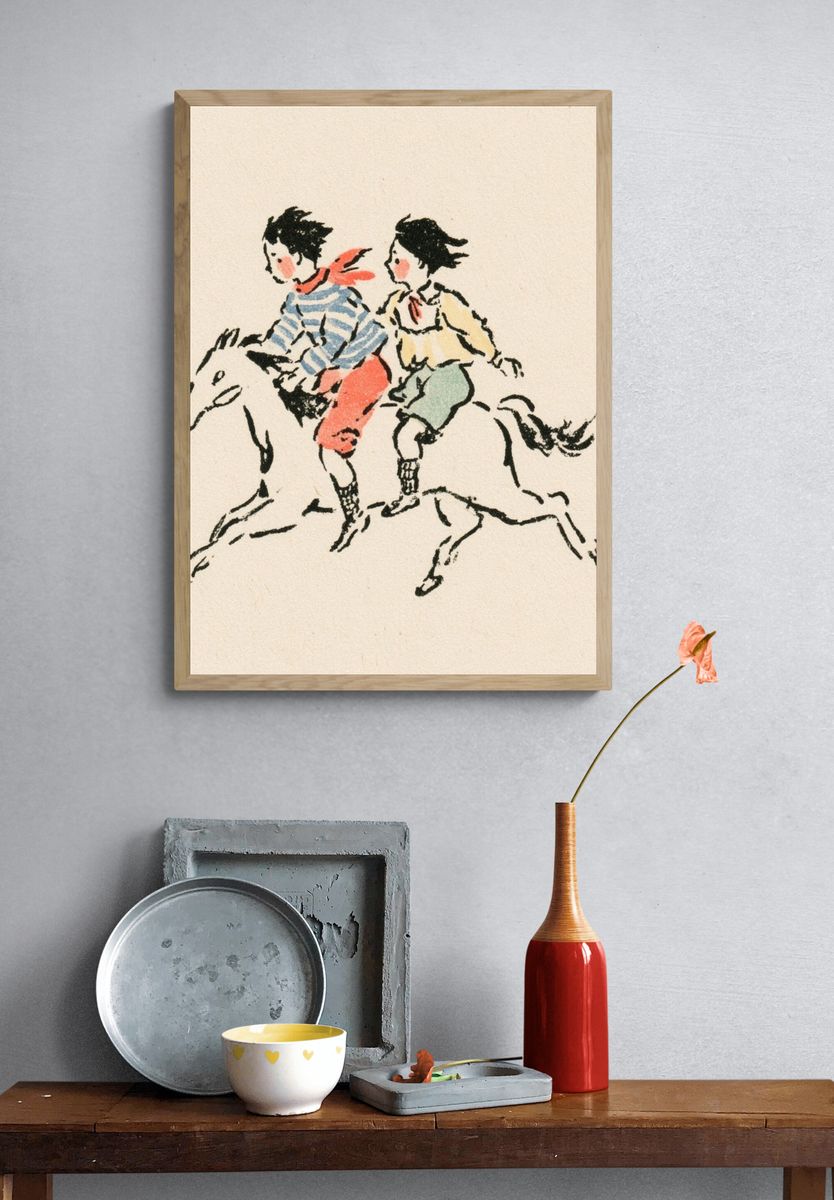 Children Riding Horse Illustration Poster. — room view 3