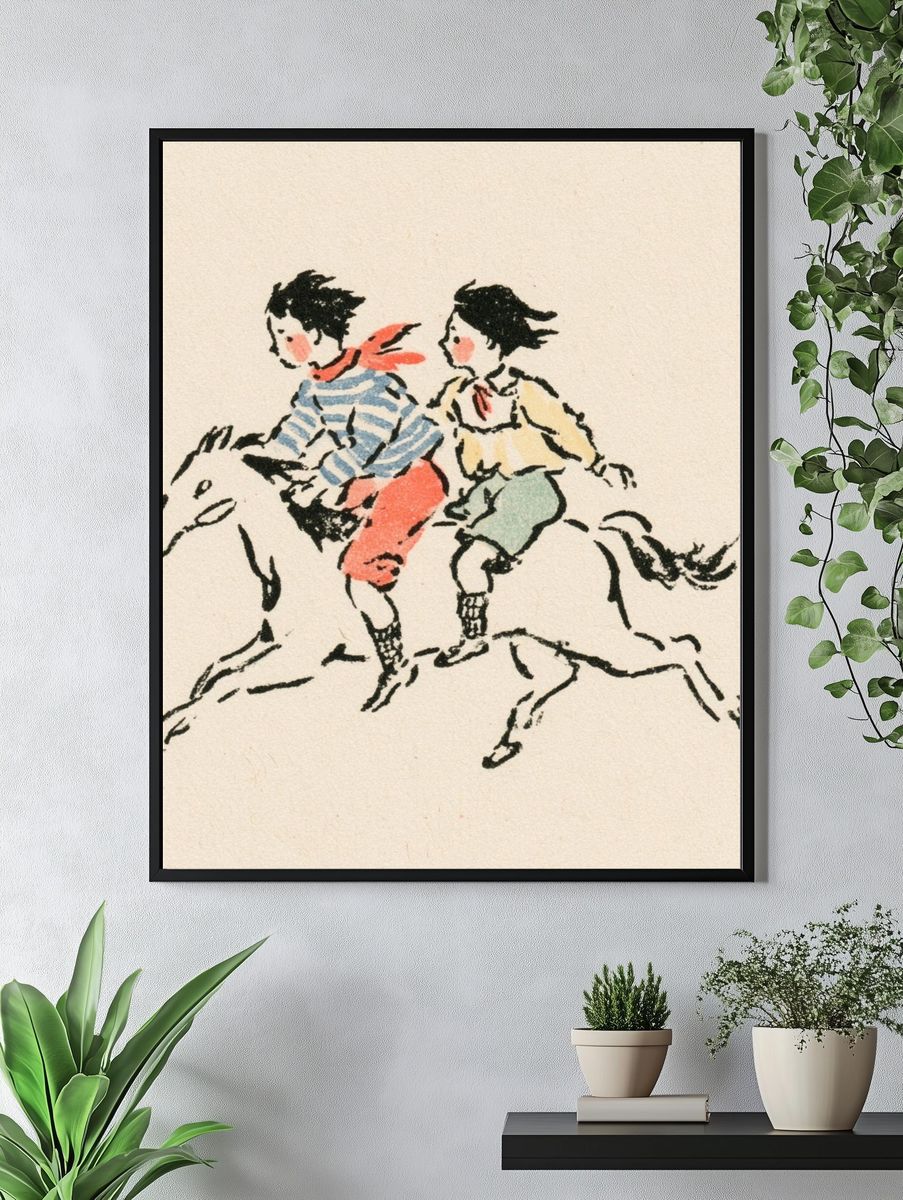 Children Riding Horse Illustration Poster. — room view 4