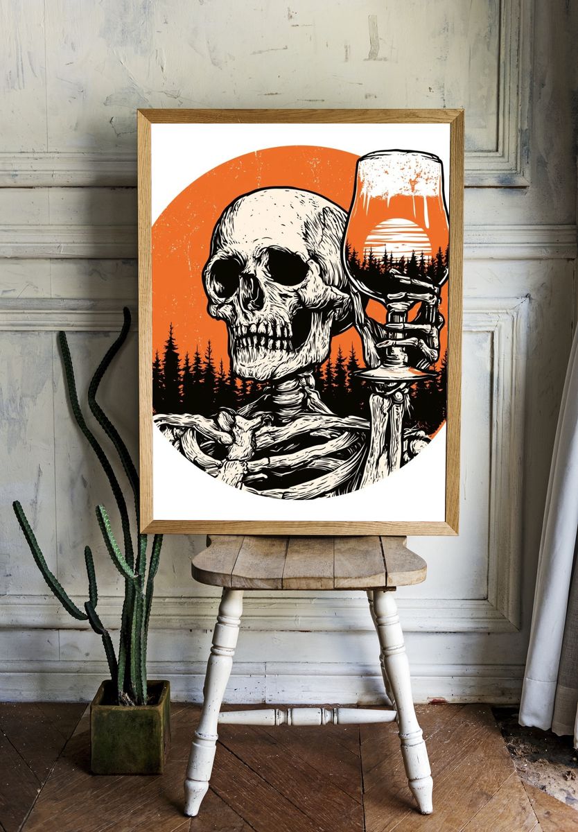 Skull and Beer Glass Illustration Poster. — room view 1