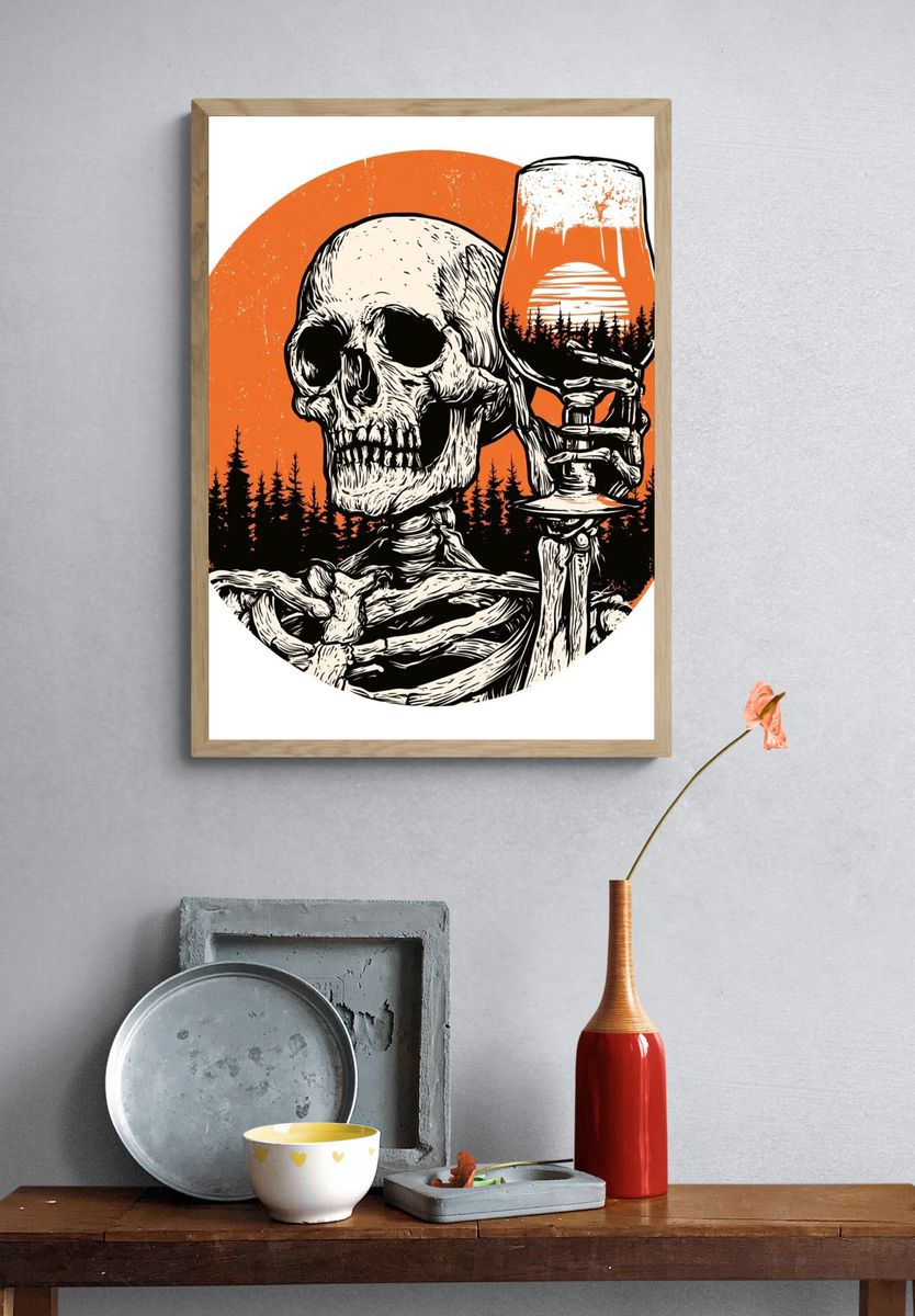 Skull and Beer Glass Illustration Poster. — room view 3