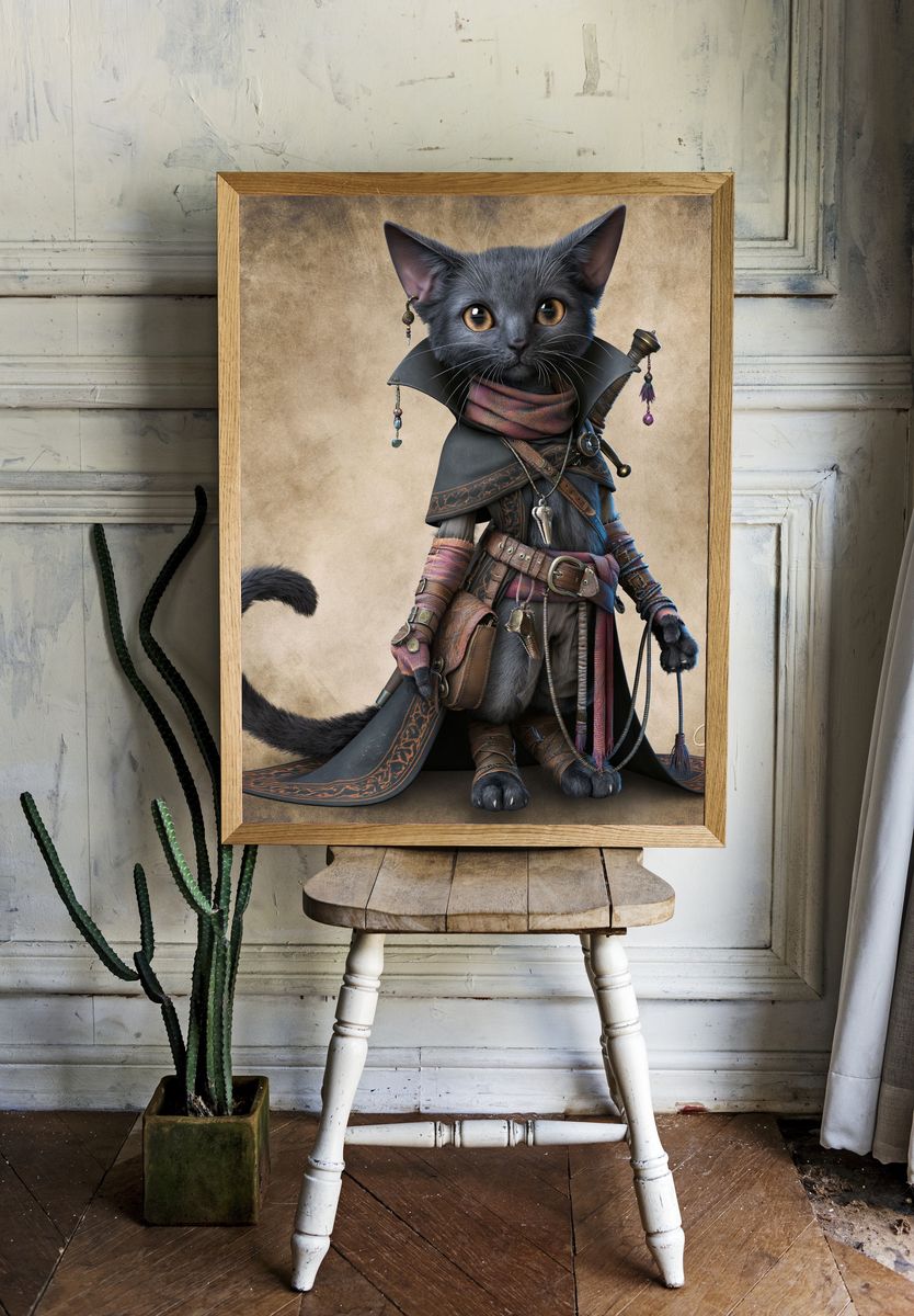 Fantasy Cat Warrior Illustration Poster. — room view 1