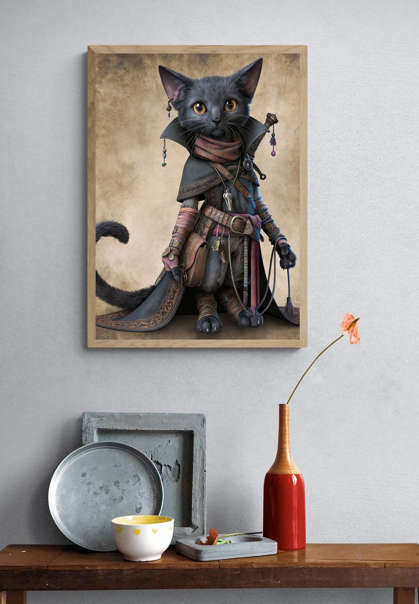 Fantasy Cat Warrior Illustration Poster. — room view 3