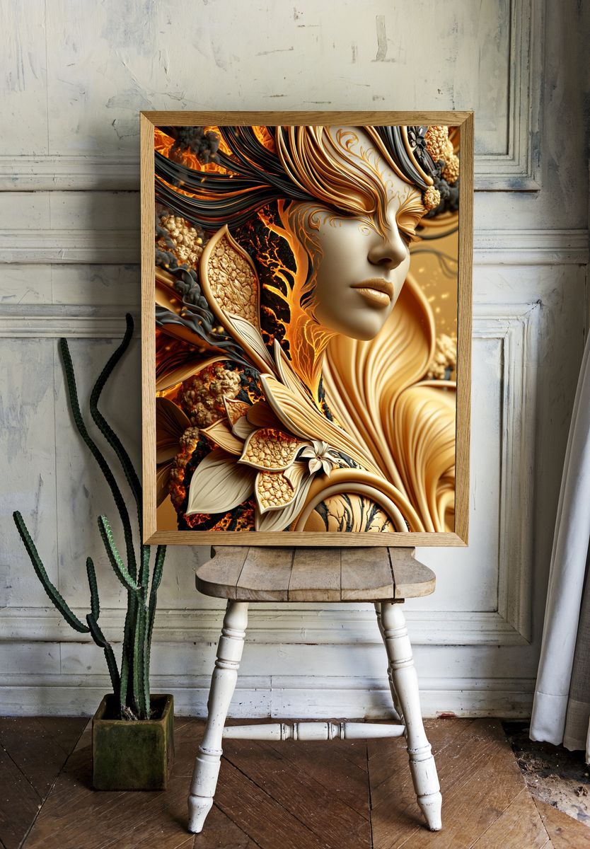 Golden Surreal Portrait Print. room preview
