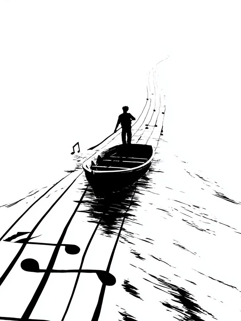 Boat on Musical Notes Print. poster — illustration art
