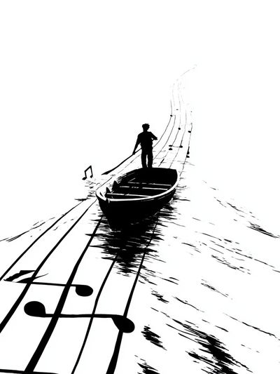 Boat on Musical Notes Print. poster