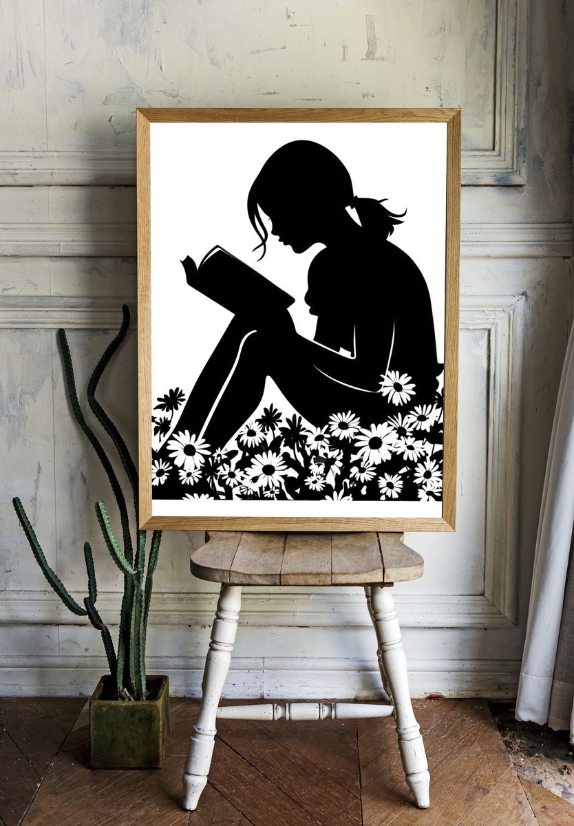 Girl Reading Silhouette Print. — room view 1