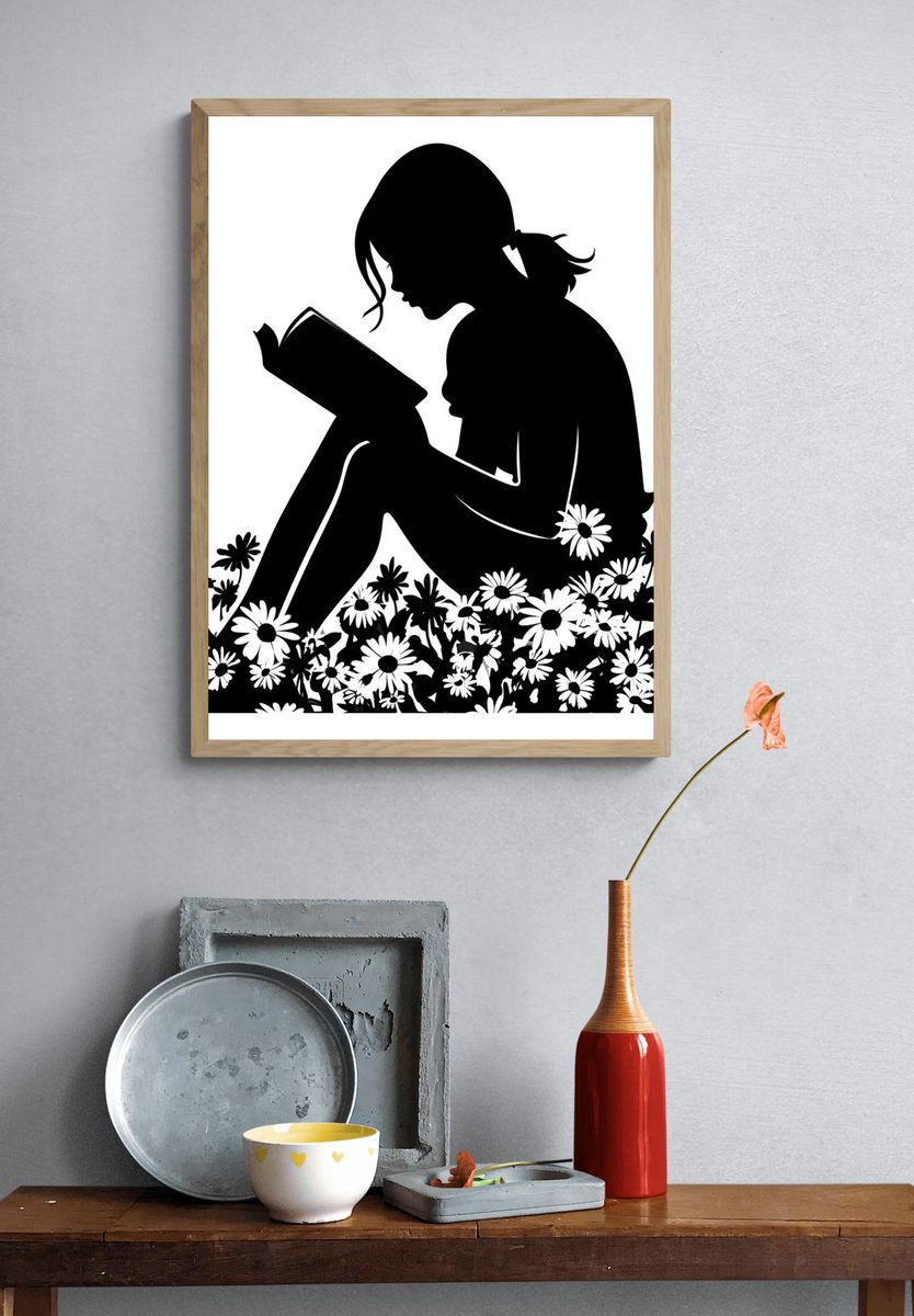 Girl Reading Silhouette Print. — room view 3