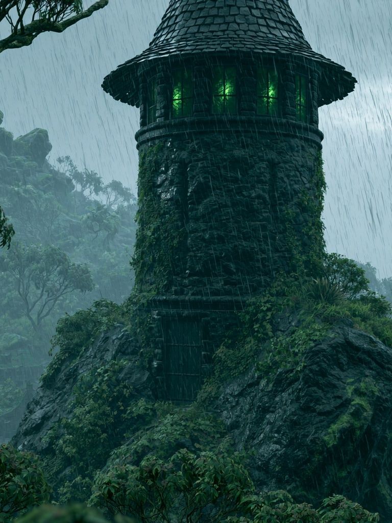 Rainy Forest Tower Illustration Print. poster detail