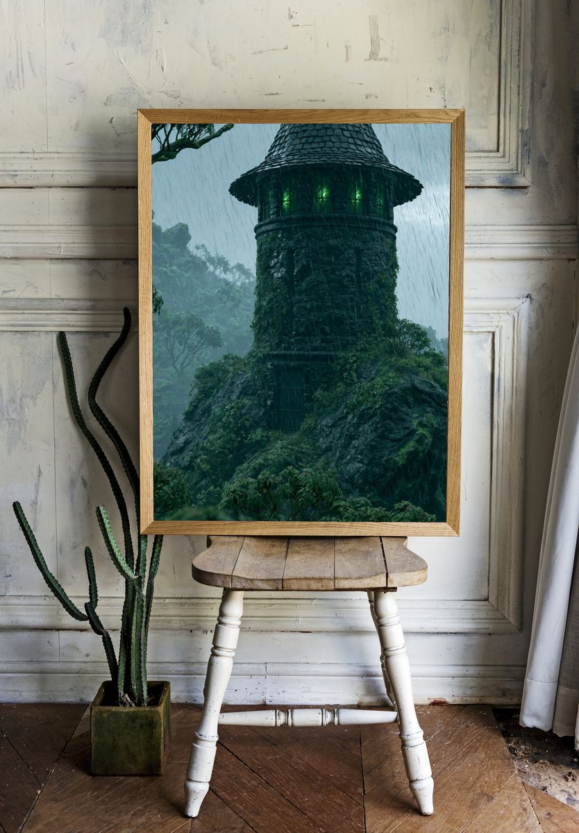 Rainy Forest Tower Illustration Print. — room view 1