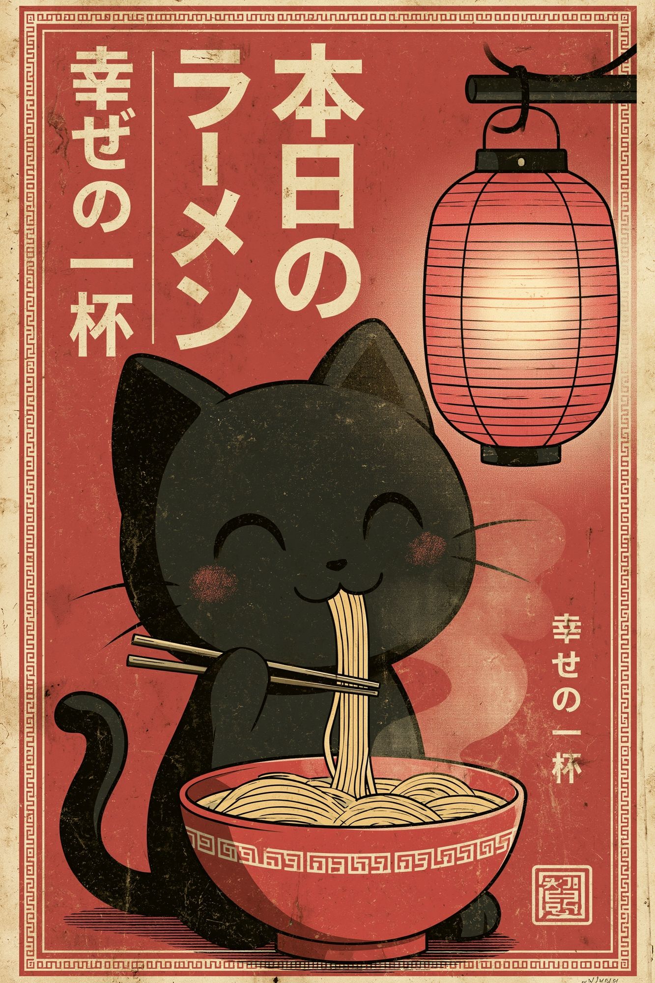 Lucky Cat Ramen Vintage Poster. poster detail