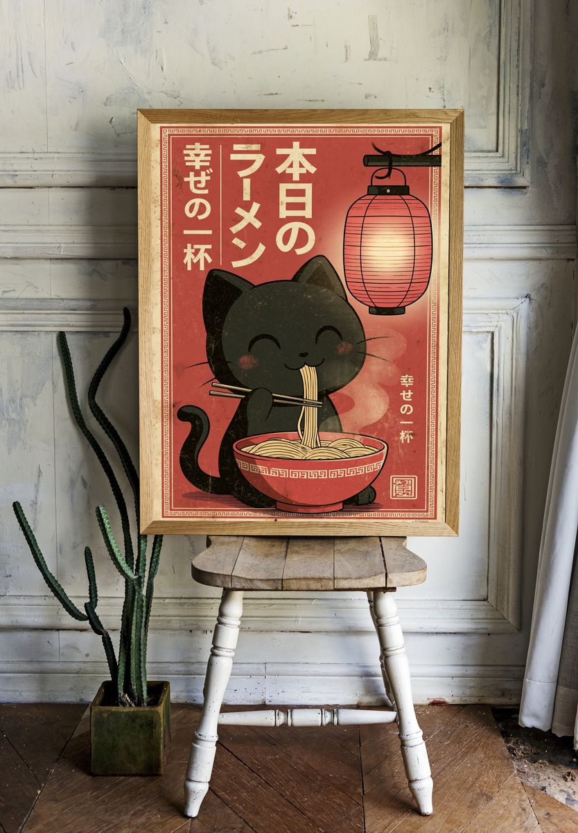 Lucky Cat Ramen Vintage Poster. room preview